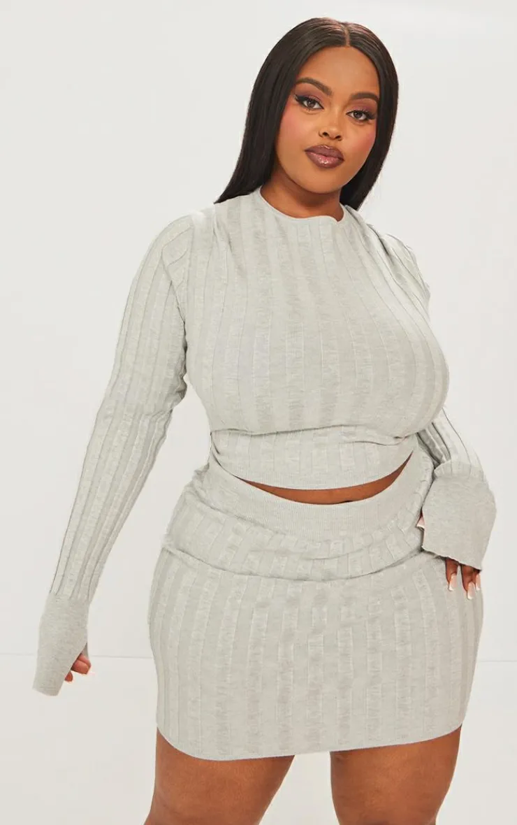 Sale PrettyLittleThing Plus Wide Rib Knit Long Sleeve Top Grey