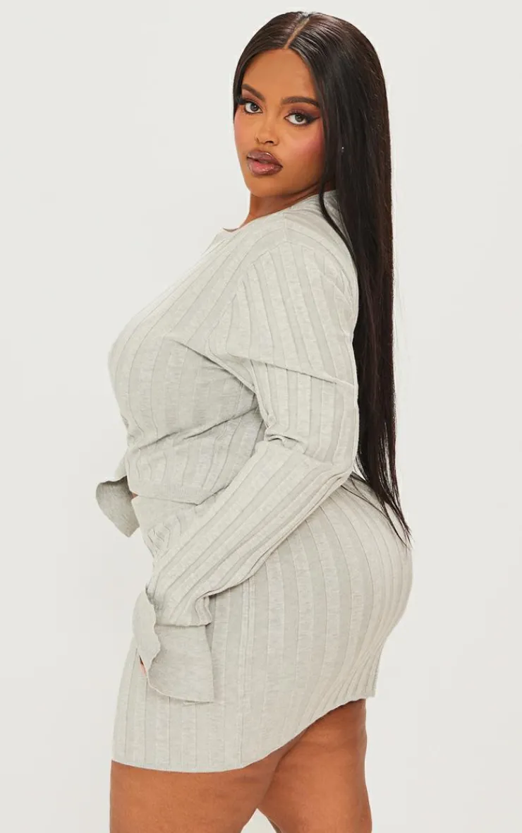 Sale PrettyLittleThing Plus Wide Rib Knit Long Sleeve Top Grey
