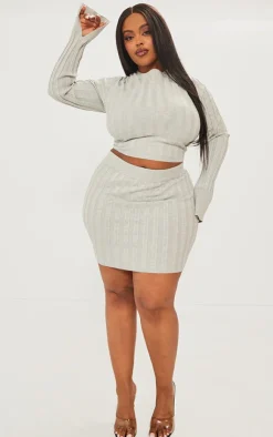 Sale PrettyLittleThing Plus Wide Rib Knit Long Sleeve Top Grey