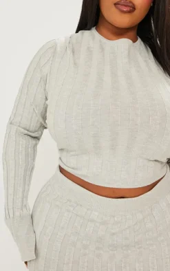 Sale PrettyLittleThing Plus Wide Rib Knit Long Sleeve Top Grey