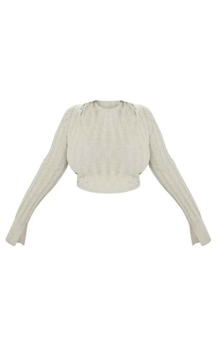 Sale PrettyLittleThing Plus Wide Rib Knit Long Sleeve Top Grey