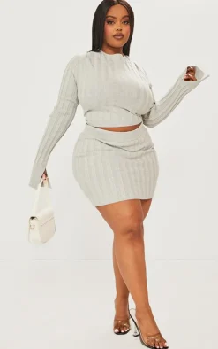 Discount PrettyLittleThing Plus Wide Rib Knit Mini Skirt Grey