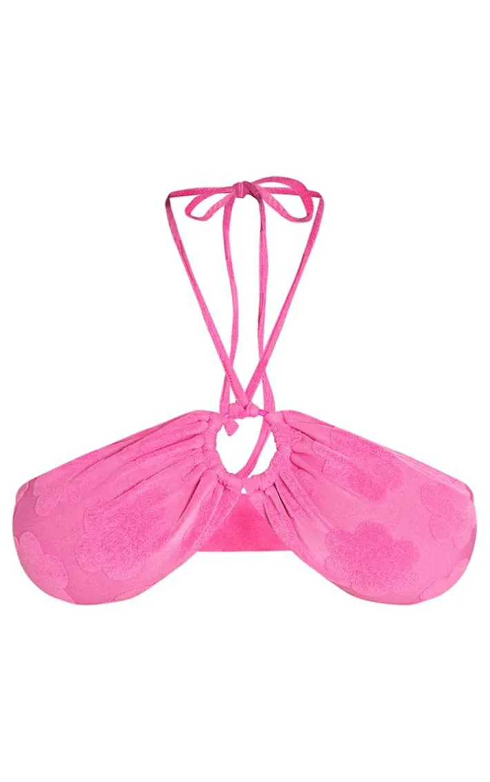Plus Hot Pink Burnout Flower Towelling Ring Halter Neck Bikini Top