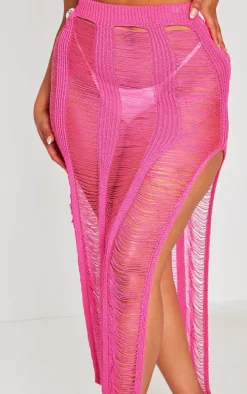 Plus Hot Pink Extreme Distressed Knitted Maxi Skirt