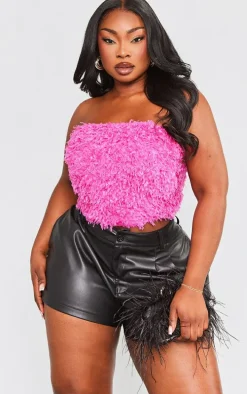 Plus Hot Pink Faux Feather Bandeau Crop Top