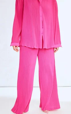 Online PrettyLittleThing Plus Plisse High Waisted Wide Leg Pants Hot Pink