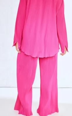 Online PrettyLittleThing Plus Plisse High Waisted Wide Leg Pants Hot Pink