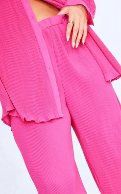Online PrettyLittleThing Plus Plisse High Waisted Wide Leg Pants Hot Pink
