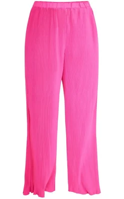 Online PrettyLittleThing Plus Plisse High Waisted Wide Leg Pants Hot Pink