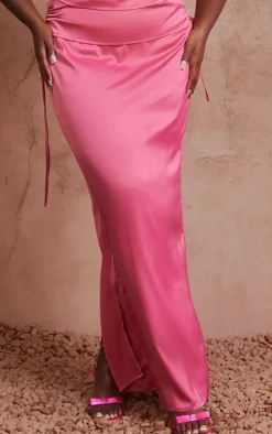 Discount PrettyLittleThing Plus Satin Ruched Maxi Skirt Hot Pink