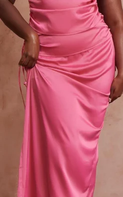 Discount PrettyLittleThing Plus Satin Ruched Maxi Skirt Hot Pink