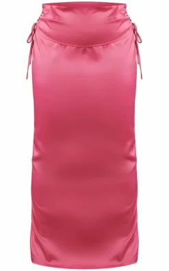 Discount PrettyLittleThing Plus Satin Ruched Maxi Skirt Hot Pink
