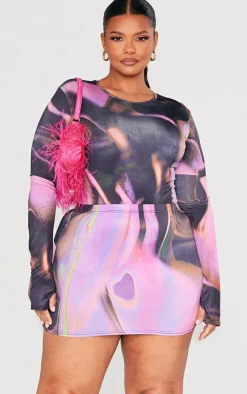 Best PrettyLittleThing Plus Swirl Print High Leg Bodysuit Hot Pink