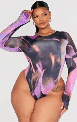 Best PrettyLittleThing Plus Swirl Print High Leg Bodysuit Hot Pink