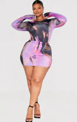 Best PrettyLittleThing Plus Swirl Print High Leg Bodysuit Hot Pink