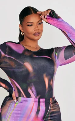 Best PrettyLittleThing Plus Swirl Print High Leg Bodysuit Hot Pink