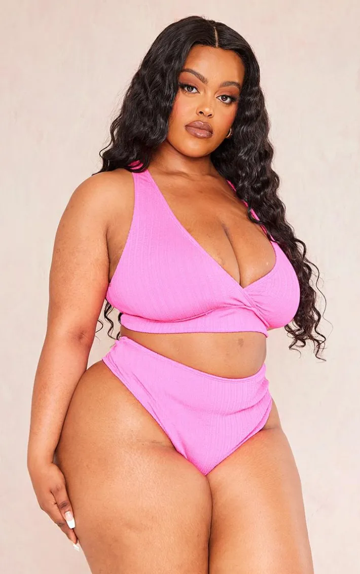 Plus Hot Pink Textured High Waisted Bikini Bottoms