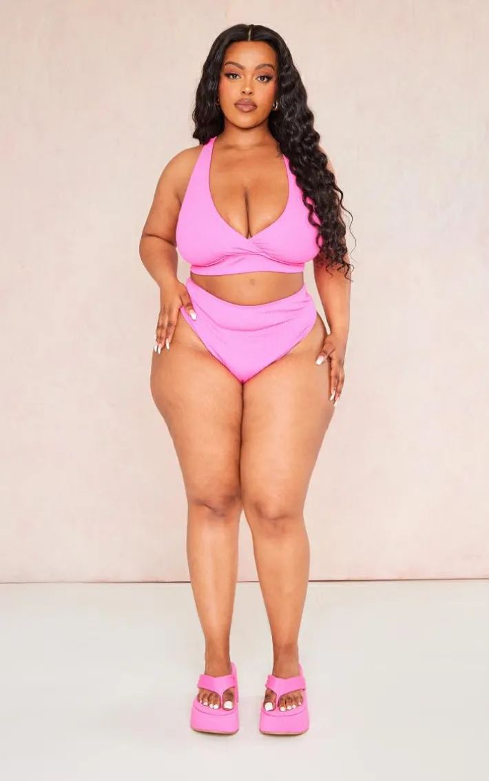 Plus Hot Pink Textured High Waisted Bikini Bottoms