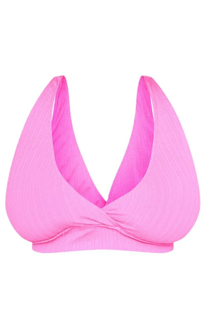 Plus Hot Pink Textured Wrap Bikini Top