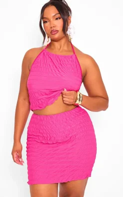 Outlet PrettyLittleThing Plus Tiered Ruched Halter Neck Top Hot Pink