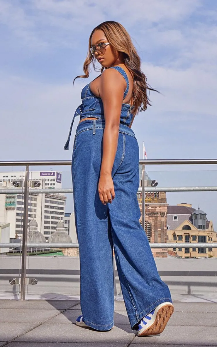 Clearance PrettyLittleThing Plus Buckle Denim Corset Top Indigo Blue Wash