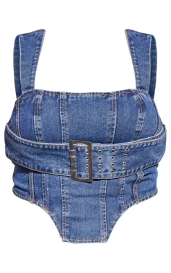 Clearance PrettyLittleThing Plus Buckle Denim Corset Top Indigo Blue Wash