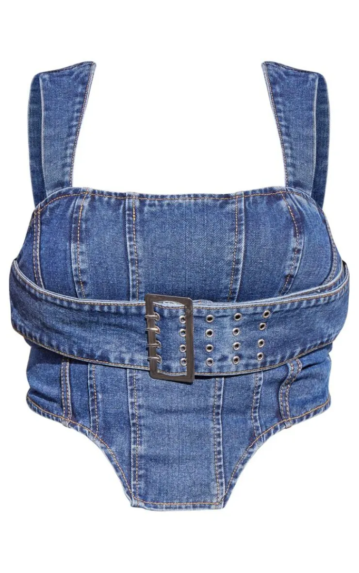 Clearance PrettyLittleThing Plus Buckle Denim Corset Top Indigo Blue Wash