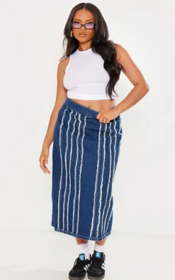 Discount PrettyLittleThing Plus Frayed Seam Detail Denim Midaxi Skirt Indigo Blue Wash