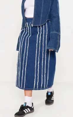 Discount PrettyLittleThing Plus Frayed Seam Detail Denim Midaxi Skirt Indigo Blue Wash