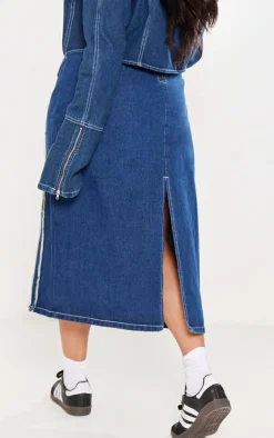 Discount PrettyLittleThing Plus Frayed Seam Detail Denim Midaxi Skirt Indigo Blue Wash