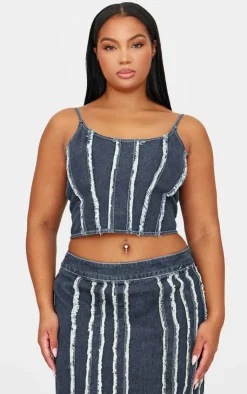 Outlet PrettyLittleThing Plus Frayed Seam Detail Denim Corset Indigo Blue Wash