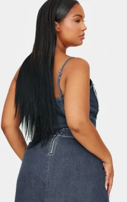 Outlet PrettyLittleThing Plus Frayed Seam Detail Denim Corset Indigo Blue Wash