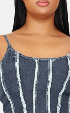 Outlet PrettyLittleThing Plus Frayed Seam Detail Denim Corset Indigo Blue Wash