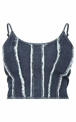 Outlet PrettyLittleThing Plus Frayed Seam Detail Denim Corset Indigo Blue Wash