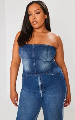 Outlet PrettyLittleThing Plus Washed Down Distressed Look Bandeau Denim Top Indigo Blue Wash