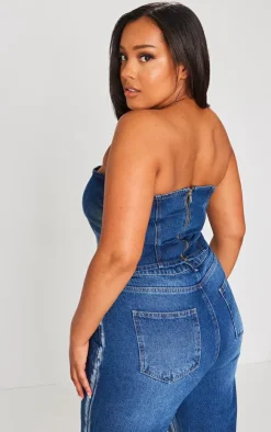 Outlet PrettyLittleThing Plus Washed Down Distressed Look Bandeau Denim Top Indigo Blue Wash