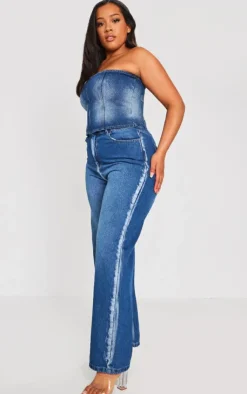 Outlet PrettyLittleThing Plus Washed Down Distressed Look Bandeau Denim Top Indigo Blue Wash