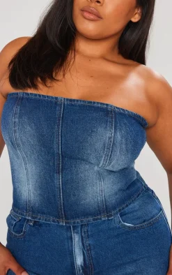 Outlet PrettyLittleThing Plus Washed Down Distressed Look Bandeau Denim Top Indigo Blue Wash