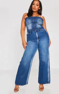 Outlet PrettyLittleThing Plus Washed Down Distressed Look Wide Leg Jeans Indigo Blue Wash