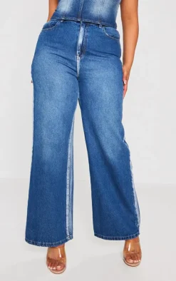 Outlet PrettyLittleThing Plus Washed Down Distressed Look Wide Leg Jeans Indigo Blue Wash