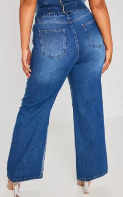 Outlet PrettyLittleThing Plus Washed Down Distressed Look Wide Leg Jeans Indigo Blue Wash
