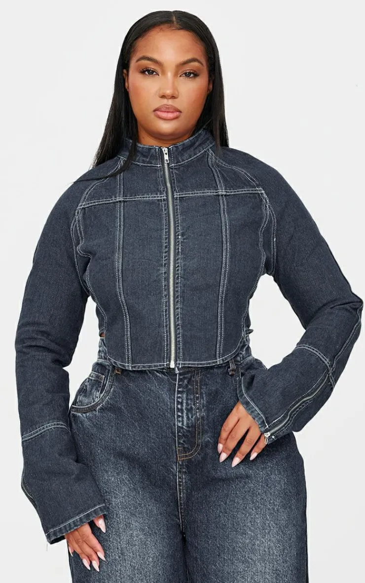 Sale PrettyLittleThing Plus Zip Up Cuff Detail Denim Jacket Indigo Blue Wash