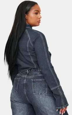 Sale PrettyLittleThing Plus Zip Up Cuff Detail Denim Jacket Indigo Blue Wash