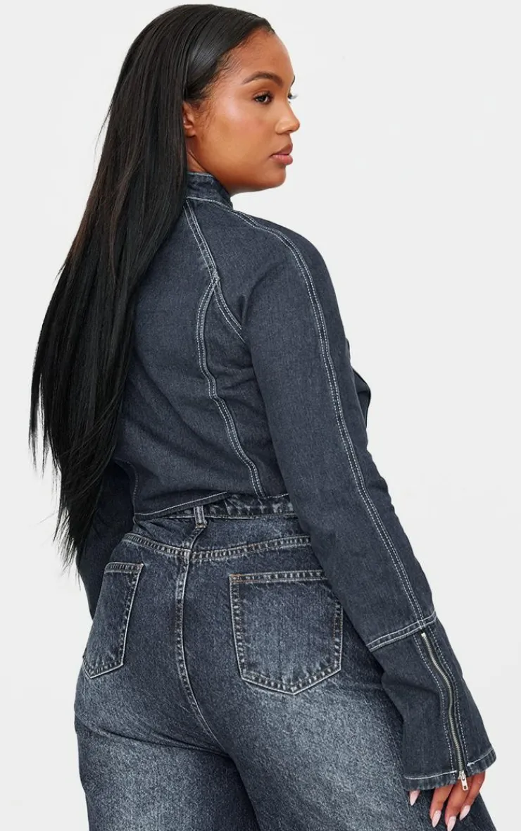 Sale PrettyLittleThing Plus Zip Up Cuff Detail Denim Jacket Indigo Blue Wash