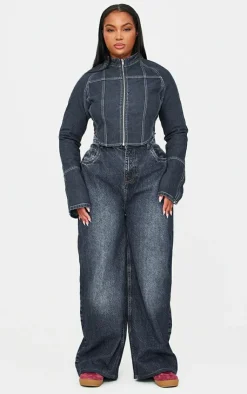 Sale PrettyLittleThing Plus Zip Up Cuff Detail Denim Jacket Indigo Blue Wash