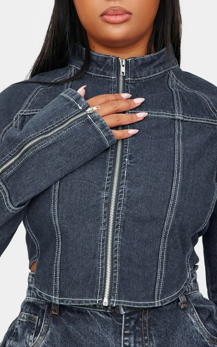 Sale PrettyLittleThing Plus Zip Up Cuff Detail Denim Jacket Indigo Blue Wash