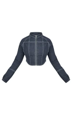 Sale PrettyLittleThing Plus Zip Up Cuff Detail Denim Jacket Indigo Blue Wash