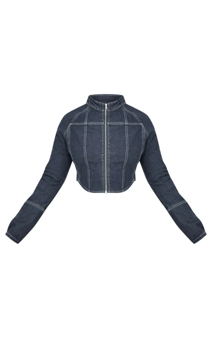 Sale PrettyLittleThing Plus Zip Up Cuff Detail Denim Jacket Indigo Blue Wash