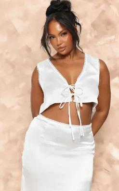 Outlet PrettyLittleThing Plus Ivory Satin Tie Front V Neck Top Mocha