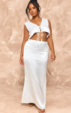 Outlet PrettyLittleThing Plus Ivory Satin Tie Front V Neck Top Mocha